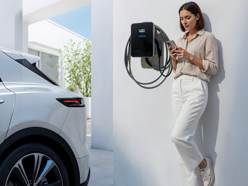 V2Charge Trydan Wallbox an einer Hauswand