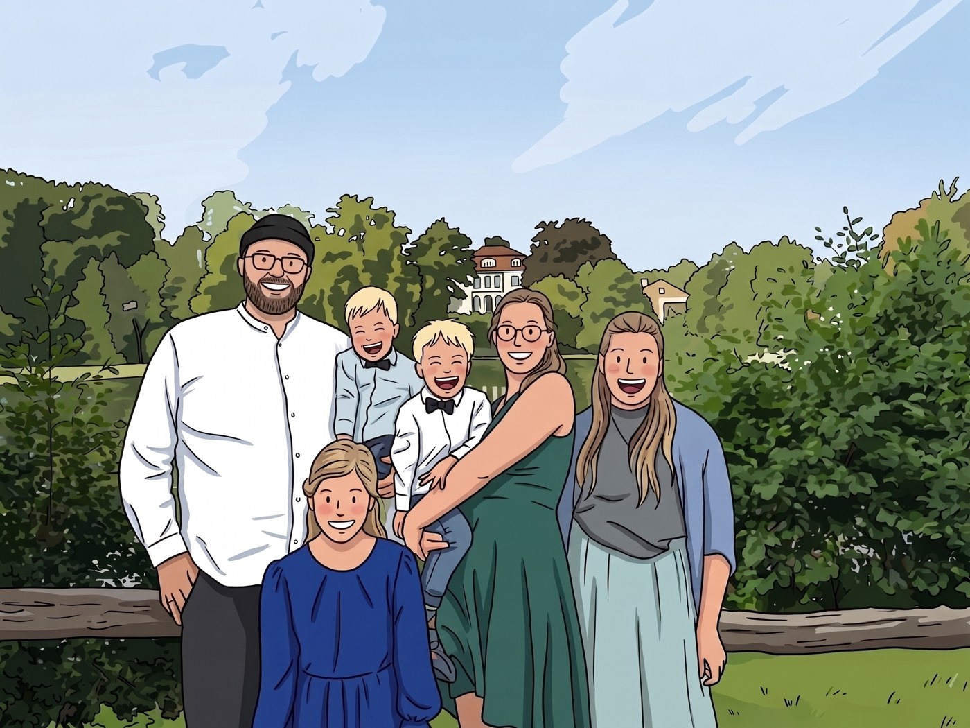 Illustration der sechskoepfigen Familie hinter Familie elektrisiert