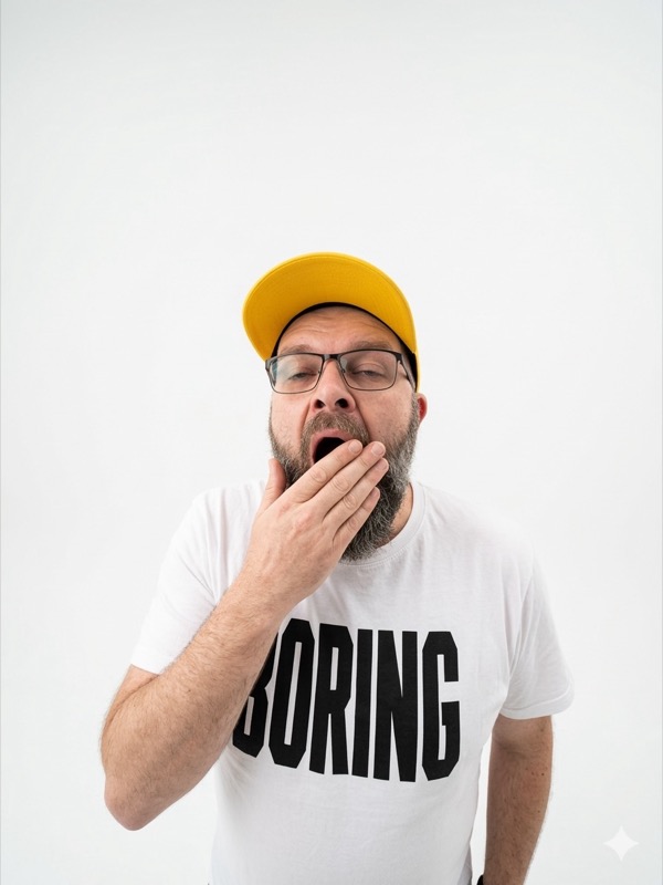 Manuel gaehnt im BORING-T-Shirt
